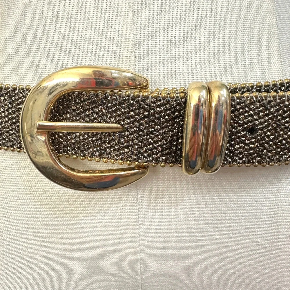 Vintage 80s Beaded Belt M Gold Bronze Metallic Leather Glam Maximalist